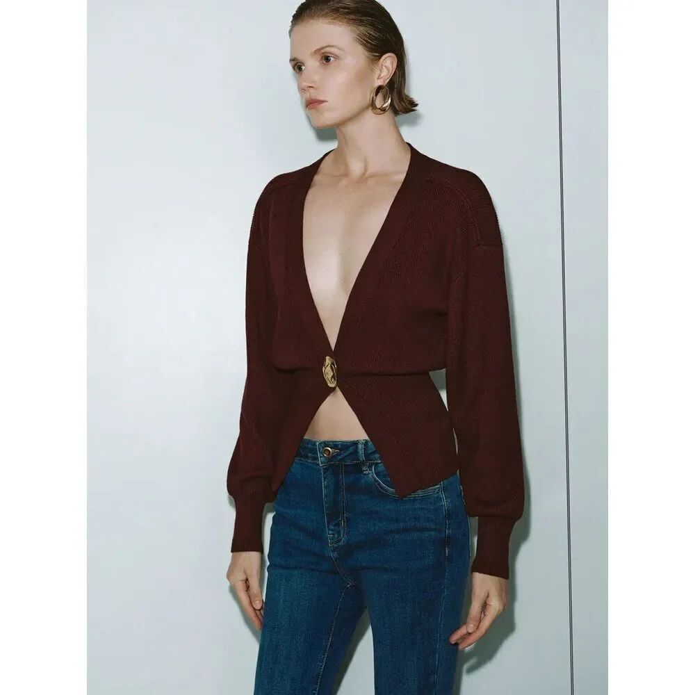 Urban Revivo Womens Brown Leaf Shape Button Knitted Cardigan Sweater Size 10